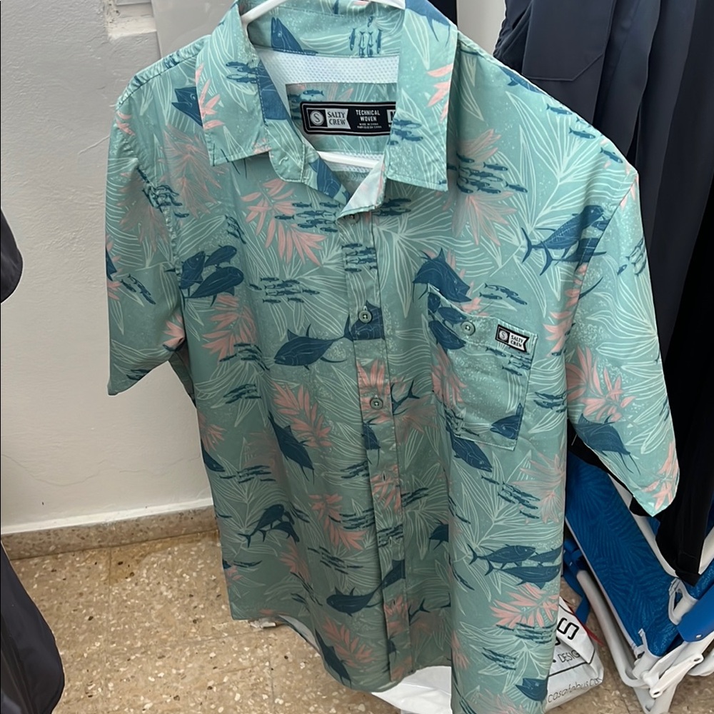 Salty Crew Green and Pink Casual Button Down Shirt Ocean-Inspired